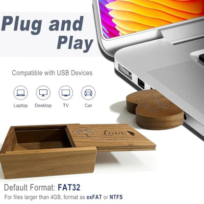 Wood USB Flash Drive 32GB USB3.0 with Box for 5 Year Anniversary (Heart) - color: Walnut(WED Heart USB+box-S), size: 32GB-3.0
