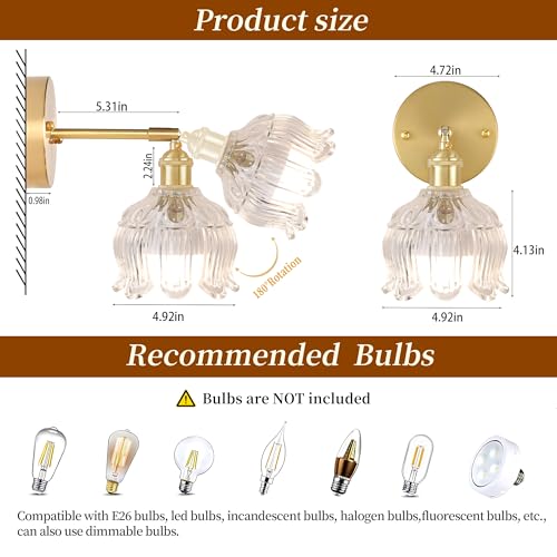 Battery Operated Wall Sconces Set of 2, Clear Tulip Glass Wall Lights | Rechargeable flower wall lamps with remote control, 15 colors, 10-level dimming and timer for bedroom and living room - color: Clear