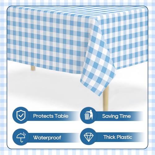 Blue Gingham Tablecloth, 54 x 108 Inch Blue and White Checkered Table Cloth 2 Pack, Disposable Birthday Party Decorations Table Cover, Rectangle Plastic Tablecloth Party Supplies - color: Blue Gingham