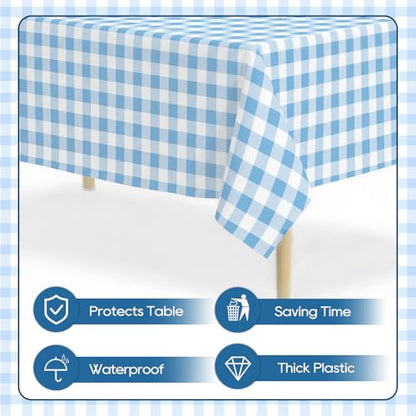 Blue Gingham Tablecloth, 54 x 108 Inch Blue and White Checkered Table Cloth 2 Pack, Disposable Birthday Party Decorations Table Cover, Rectangle Plastic Tablecloth Party Supplies - color: Blue Gingham
