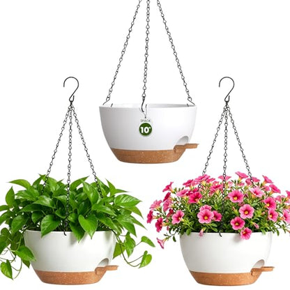 10 Inch Self-Watering Hanging Planters Set of 3 with Saucers - color: White Brown, size: 10 Inch 3 Pack