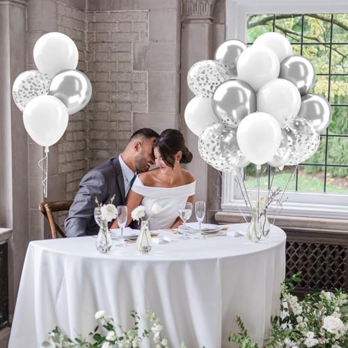Patimate White and Silver Balloons Set 50 pcs 12 inch - color: White Silver