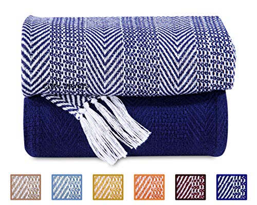 Luxurious Hand Woven Cozy Warm 100% Combed Cotton All Season Indoor Outdoor Light Weight Fade Resistant Couch Chair Bed Throw Blankets Batik 50x60 Inch Set of 2 (Navy) - color: Navy