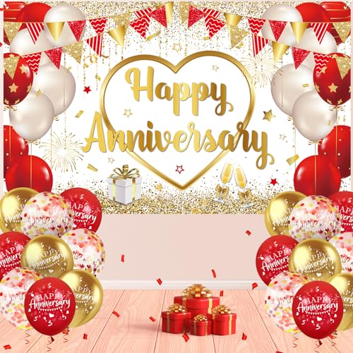 Red Gold Anniversary Party Decorations Happy Anniversary Banner Backdrop and 18Pcs Red Gold Happy Anniversary Balloons Anniversary Party Photography Background for Wedding Anniversary Party Supplies