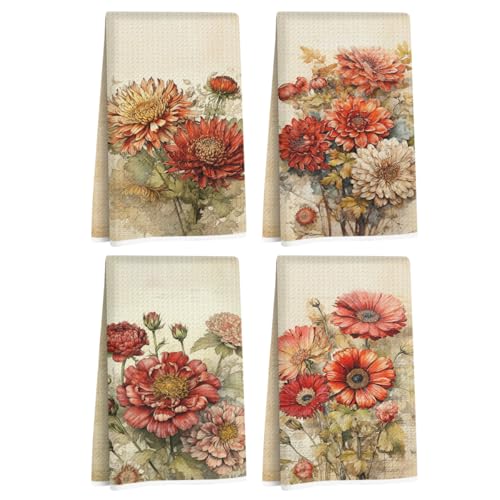 4 Pcs Vintage Floral Kitchen Towels, Artistic Flower Decorative Dish Towel - color: Multi 1417