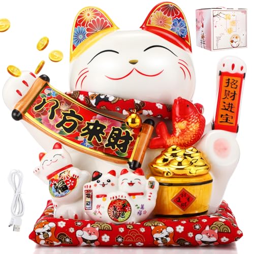 Wesiti 11 Inch Chinese Lucky Cat Waving Arm Large Ceramic Maneki Neko Feng Shui Money Fortune Cat Gift Decorations for Shops, Restaurants, Living Room Wealth from All Directions, Battery Not Included