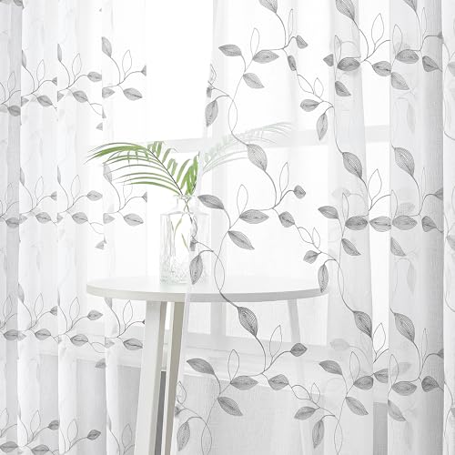 Tollpiz Grey Leaf Sheer Curtain Bedroom Short 38 x 45 Inches - color: Grey, size: 38"W x 45"L (Pack of 2)