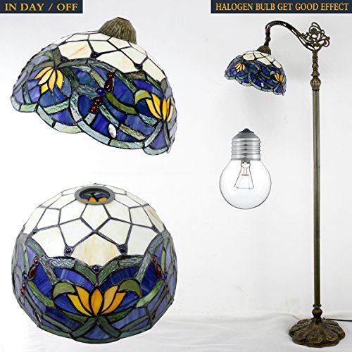 WERFACTORY Tiffany Floor Lamp Blue Lotus Flower Stained Glass Arched Lamp