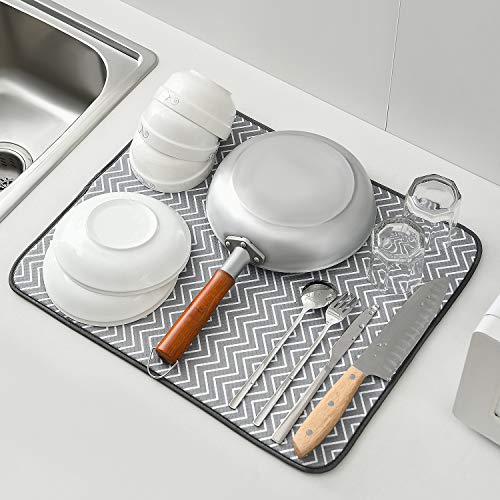 Dish Drying Mat for Kitchen Counter,Machine Washable Matt (Grey,Ripple - color: Ripple 2P 19.6*16.1