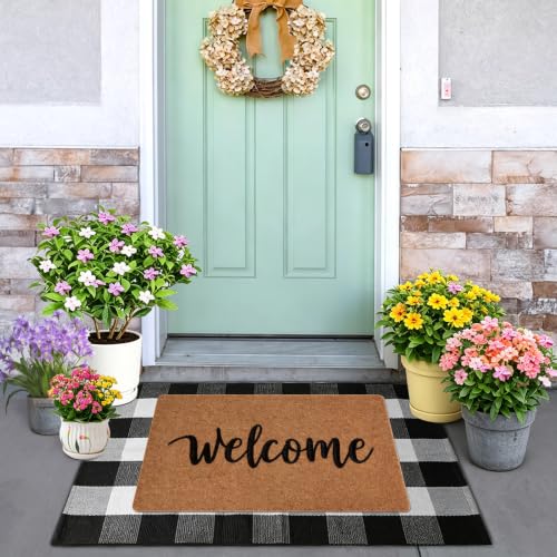 2-Piece Front Door Mat Set, Coir Welcome Mat & Black White Plaid Mat - color: Black and White
