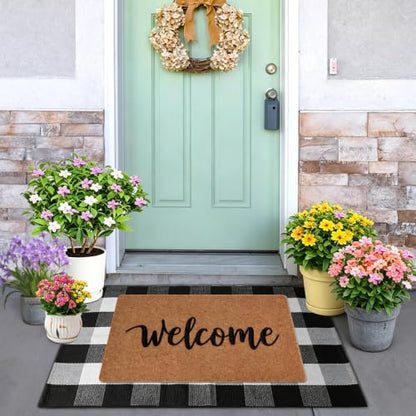 2-Piece Front Door Mat Set, Coir Welcome Mat & Black White Plaid Mat - color: Black and White