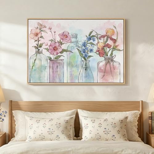 Framed Colorful Modern Floral Wall Art, 24x36 Inch Flower in Vase Pictures - color: Multi & Watercolor