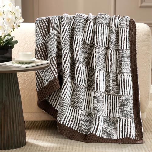 Amélie Home Checkered Knit Throw Blanket for Couch, Mocha Brown 50"x60" - color: Checkered Mocha Brown, size: 50" X 60"