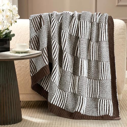 Amélie Home Checkered Knit Throw Blanket for Bed, Mocha Brown 60"x80" - color: Checkered Mocha Brown, size: 60" X 80"