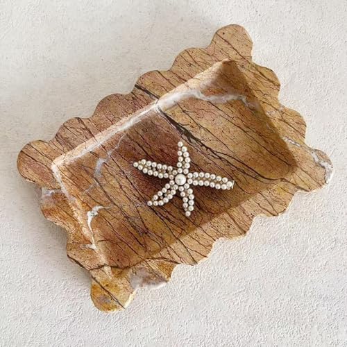 Natural Samll Marble Tray 6.3"x4.7",Rectangle Scalloped Tray for Women Home Décor (Rainforest Brown)