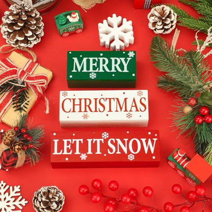 4 Pcs Merry Christmas Wooden Tabletop Decor Let It Snow Table Centerpiece Snowflake Table Sign Xmas Tiered Tray Decor Red Green Wood Block for Xmas Holiday Home Office Kitchen Desk Shelf Decors