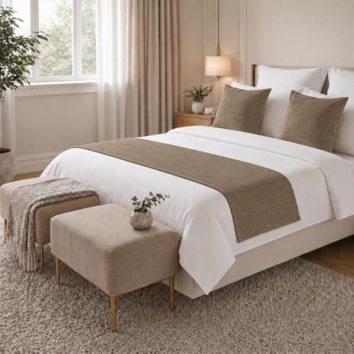 Solid Bed Runner Set,2 Pillow Covers,Olive Brown,70.9x19.7in - color: Olive Brown, size: Twin/Twin XL