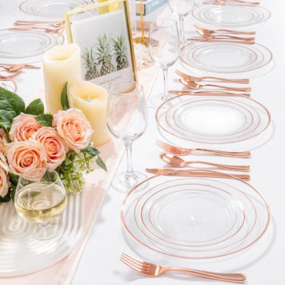 bUCLA 150PCS Clear Rose Gold Disposable Dinnerware set - Rose Gold Plastic Plates Include 25 Dinner / 25 Dessert Plates, 25 Knives, 25 Forks, 25 Spoons, 25 Cups for Party & Wedding - color: Clear Rose Gold