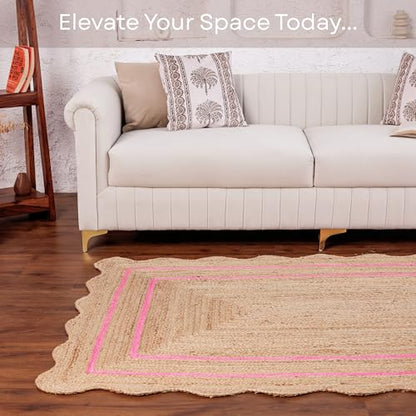 Wave Scalloped Jute Rug Entryway Natural Boho Area Rug Dark Pink 2'x3' - color: Dark Pink, size: 2'x3'