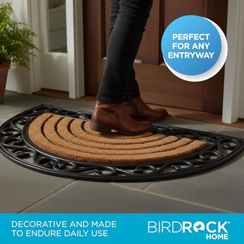 BIRDROCK HOME 18 x 30 Half Round Natural Coir and Rubber Doormat with Scroll Border | Natural Fibers | Outdoor Doormat | Keeps Your Floors Clean | Decorative Design | Brush Coir