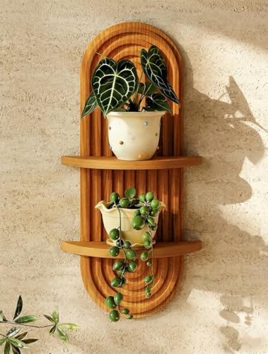 Bamworld Boho Wall Decor Plant Wall Shelf Wood Plant Holder 2 Tier Brown - color: Brown - Glossy, size: 16.7'' -1 Pcs