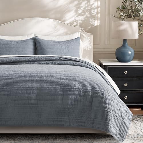 EVERGRACEHOME 100% Cotton Modern Lines Quilt Set Queen Size, Smoky Blue - color: Smoky Blue, size: Full/Queen (92" X 92")