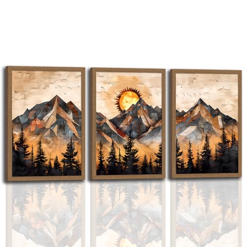 Geometric Mountain Wall Art Set of 3, Abstract Sunset Canvas Prints - color: GeometricMountain, size: 12x16 Inches