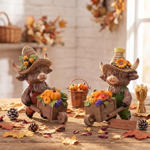 Karenhi 2 Pcs Fall Highland Cow Figurines, Harvest Wheelbarrow Decor - style: Harvest
