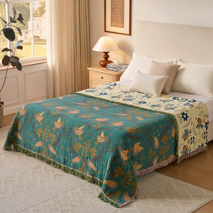 Boho Throw Blanket, 100% Soft Cotton Floral Quilt, Twin 60"x 80" - color: Spring Blue, size: Twin 60"x80"
