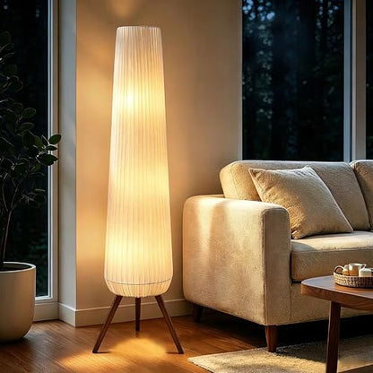61'' Oatmeal Fabric Pleated Floor Lamp, Walnut Wood Tripod Base