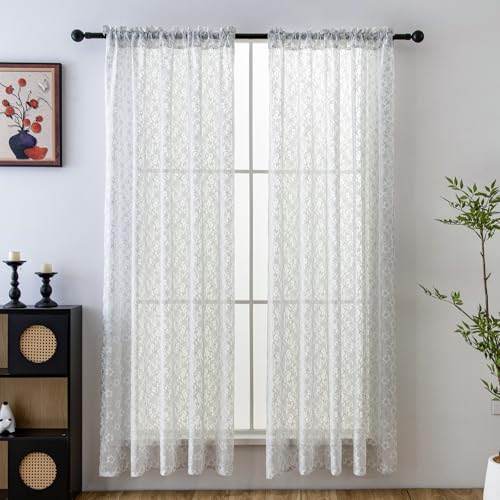 PearAge Lace Sheer Curtains for Living Room, 63 Inch Length, Elegant Lace-Style Voile Drapes for Bedroom, Kitchen or Dining Room, 42W x 63L Inch, 2 Panels Grey - color: Grey
