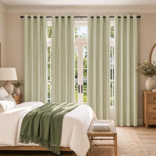 Vangao 100% Blackout Green Striped Curtains for Living Room Bedroom - color: Boxter Striped 100% Blackout| Green on Beige, size: 50"W x 84"L (Pack of 2)
