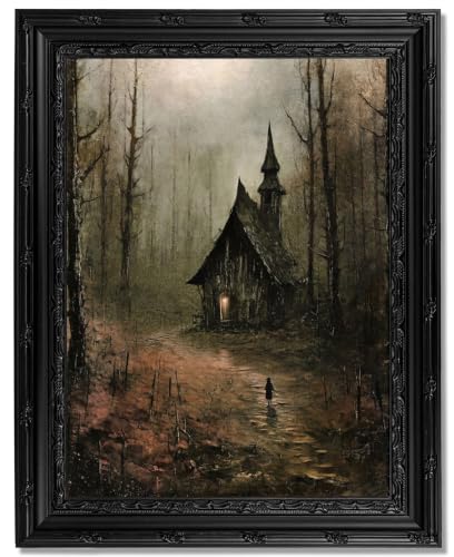 Dark Gothic Forest Church Framed Wall Art, Vintage Moody Landscape Canvas Print with Ornate Black Carved Frame, Dark Academia Aesthetic Wall Decor for Bedroom Living Room Halloween - color: Forest Church, size: 24"L x 16"W