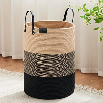 VIPOSCO 72L Tall Woven Rope Laundry Hamper, Leather Handles, Brown & Black - color: Brown & Black, size: 72L