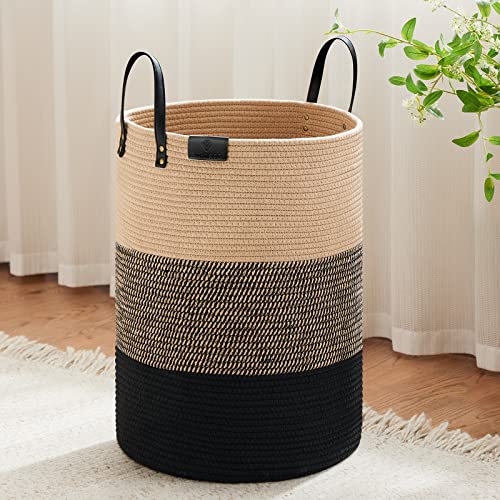 VIPOSCO 72L Tall Woven Rope Laundry Hamper, Leather Handles, Brown & Black - color: Brown & Black, size: 72L