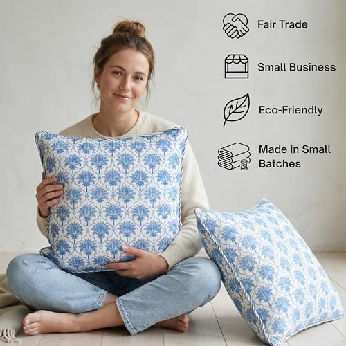 ATOSII Cotton Blockprint Throw Pillow Cover, Padma Blue, Set of 2, 18 X 18 - color: Padma, size: 18" x 18" (Pack of 2)