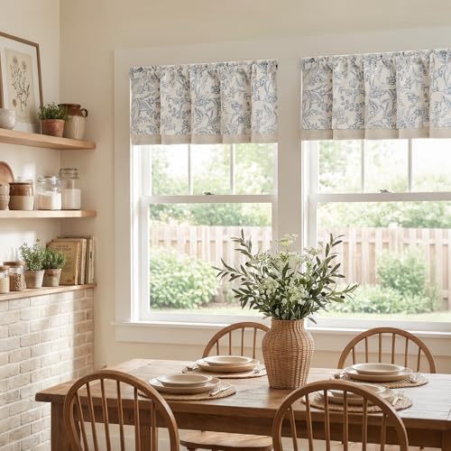 jinchan Linen Valance Curtain Farmhouse 16 Inch 1 Panel Blue on Beige - color: Forest | Blue, size: 50"W x 16"L (Pack of 1)