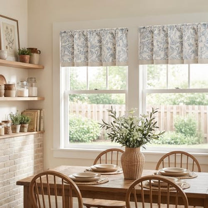 jinchan Linen Valance Curtain Farmhouse 16 Inch 1 Panel Blue on Beige - color: Forest | Blue, size: 50"W x 16"L (Pack of 1)