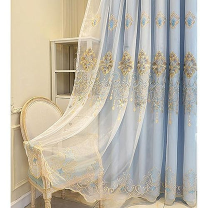 Amidoudou 1 Pair European Curtains with Valance Attached Double Layer Curtains for Living Room Bedroom (Blue,51x84 Inch) - color: Blue, size: 51"W x 84"L (Pack of 2)