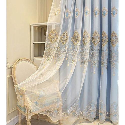 Amidoudou 1 Pair European Curtains with Valance Attached Double Layer Curtains for Living Room Bedroom (Blue,51x96 Inch) - color: Blue, size: 51"W x 96"L (Pack of 2)