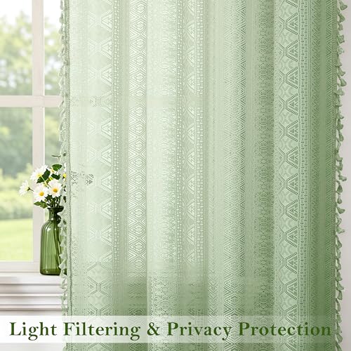Green Boho Sheer Lace Window Curtains with Tassel, 40" Wx72 Lx2 - color: Green, size: 40"W x 72"L (Pack of 2)
