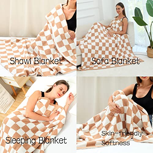 Ultra Soft Checkered Blanket Cozy Buffalo Check Throw Fluffy Knitted Reversible Throw Blanket Lightweight Fleece Checkerboard Grid Blanket for Sofa Couch Bed Travel, Orange Khaki, 51''x63'' - color: Orange Khaki