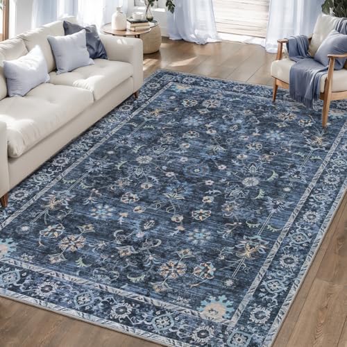 Tangsoo Washable 5x7 Blue Area Rugs for Bedroom Living Room Non Slip - color: Distressed Blue Black, size: 5' X 7' (Rectangular)