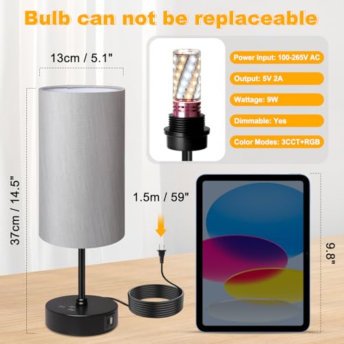 Unicozin Table Lamp for Bedroom, 3 Color Temperatures, 7 RGB Colors, Adjustable Brightness, Dual USB Charging Ports, Ambience Nightstand Light with Grey Shade, Desk Lamp for Kids Reading Home Office - color: Grey-Black, size: 14.5in