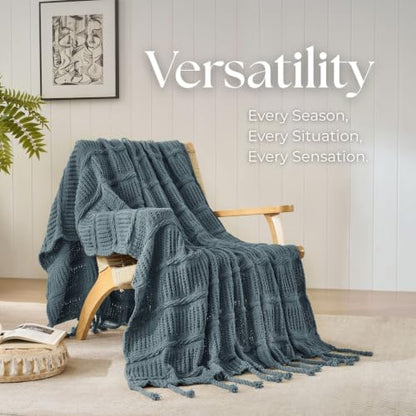 Boho Knitted Chenille Blanket with Tassels - Lightweight & Soft All-Season Throw - 3D Classic Pattern for Living Room Bedroom Couch, Celestial Blue, Queen 90"x90" - color: Celestial Blue, size: Queen
