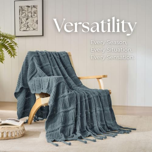 Boho Knitted Chenille Blanket with Tassels - Lightweight & Soft All-Season Throw - 3D Classic Pattern for Living Room Bedroom Couch, Celestial Blue, Throw 50"x60" - color: Celestial Blue, size: Throw