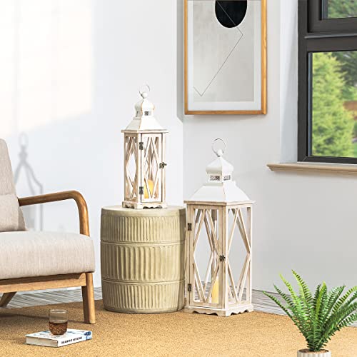 Glitzhome Lanterns Decorative Indoor, Set of 2 Farmhouse Decorative Candle Lanterns, Large Wooden Lanterns Decor Floor Candle Holder Lanterns, Distressed Hanging Lanterns for Home Décor (No Glass) - color: Diamond White