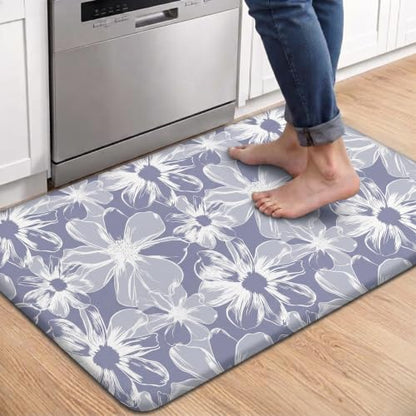 Kitchen Floor Mat 36x20in Waterproof Anti-Fatigue Kitchen Mats - color: Grey White Flowers