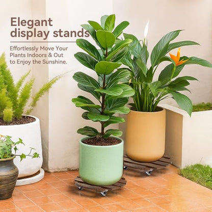 2 Pack 12 IN Wood Plant Caddy, 360 Lock Wheels Indoor Outdoor Heavy Stand