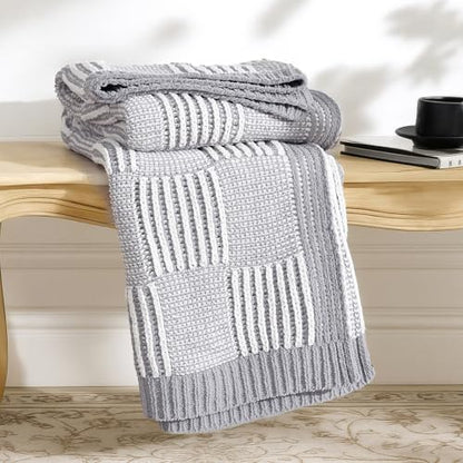 Amélie Home Checkered Chenille Knit Throw Blanket for Couch, Gray 50"x60" - color: Checkered Gray, size: 50" X 60"